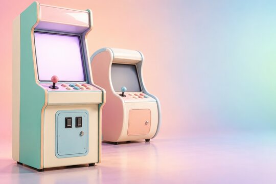 Two pastel arcade cabinets in mint and peach on soft rainbow gradient