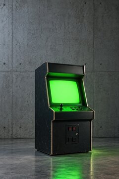 Arcade cabinet with bright green screen against bare concrete wall