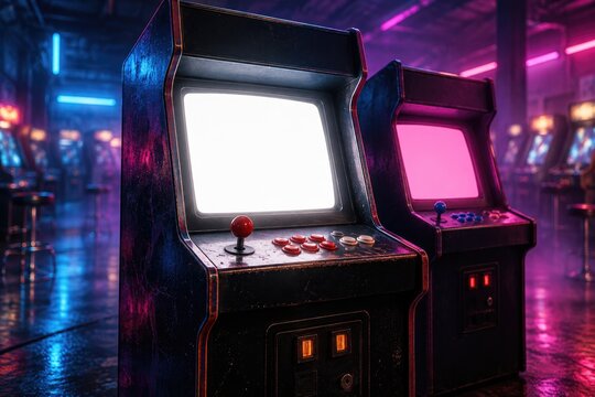 Two arcade cabinets with white and pink screens in purple neon arcade