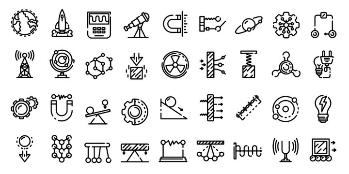 Physics and Science Outline Icon Set. Atomic, Quantum, Gravity, Magnetism, Mathematics, Laboratory, and Education Symbols. Vector Illustration.