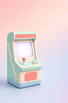 Mint and coral mini arcade machine in 3D on pastel gradient