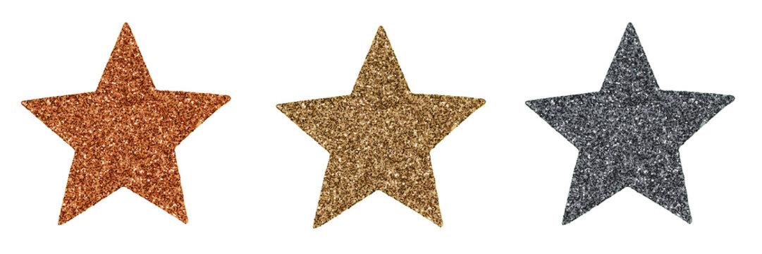 Christmas Xmas Scrapbooking Scrapbook Collage Template Star Stickers Set Collection -  Copper, Golden And Silver Glitter Star Sticker, Isolated On Transparent Or White Background Png