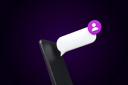 Modern smartphone displaying incoming chat message notification against dark purple backdrop with cellphone communication technology internet connection background