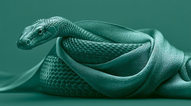 Stylized Teal Serpent Sculpture with Intricate Scaly Texture on Monochromatic Background