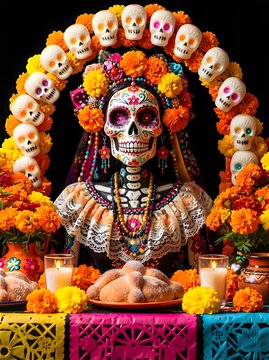 D&iacute;a de los Muertos traditional altar illustration featuring a skeleton in traditional attire, marigold flowers, pan de muerto, candles, and papel picado decorations honoring ancestors.