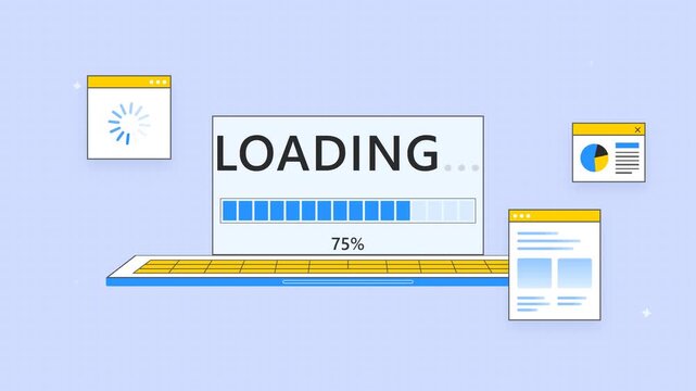 Flat Design Laptop Loading Screen Animation with Progress Bar, Percentage Counter and Floating UI Analytics Windows on Blue Grid Background, Seamless Loop