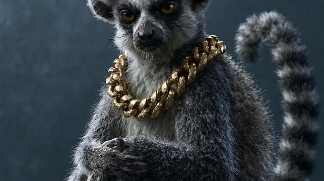 Cool Lemur Wearing Heavy Gold Chain Necklace on Dark Background