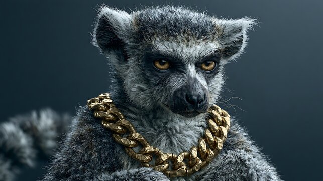 Cool Ring-Tailed Lemur Wearing a Heavy Gold Chain Necklace