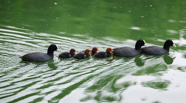 Black coot family swims on green lake water. Adult birds lead small fluffy chicks in line. Wild waterfowl move through calm pond surface. Nature wildlife scene shows bird parents protecting young