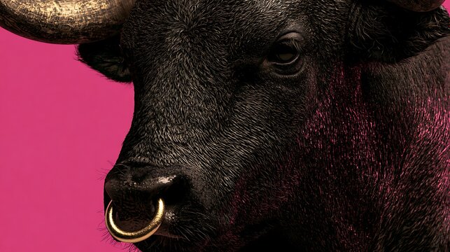 Close-up Portrait of a Black Bull with Golden Nose Ring on Vibrant Pink Background