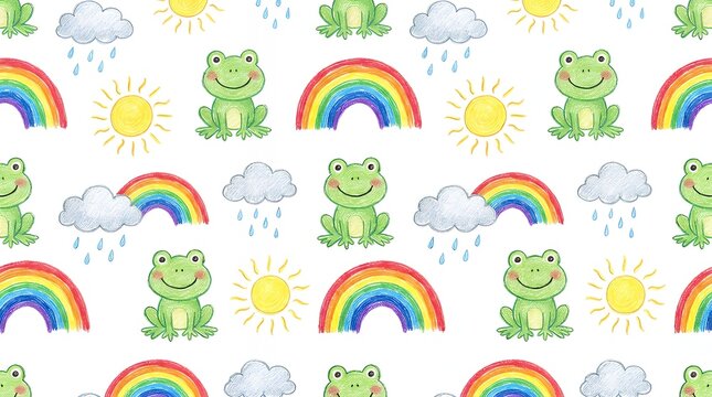 Seamless childish hand drawn pattern featuring happy green frogs colorful bright rainbows smiling yellow suns and rain clouds on clean white background cute frogs rainbow pattern smiling sun