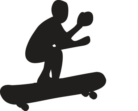 Minimalist black silhouette of a skateboarder crouching on a skateboard in motion. Target audience: Designers creating skate shop branding, extreme sports posters, streetwear graphics, and youth lifes