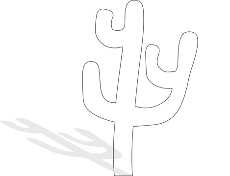 Minimalist hand-drawn thin line art illustration of a saguaro cactus with a flat light-gray drop shadow isolated on a white background.