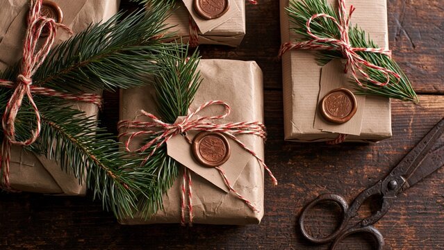 Holidays - Handmade Christmas gifts wrapped in brown paper with pine branches