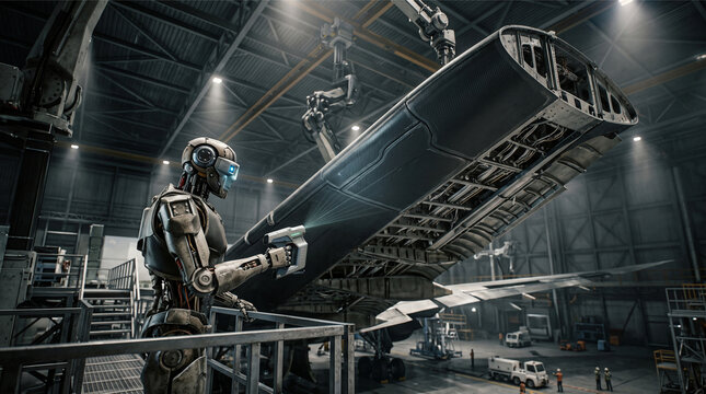 Futuristic metallic humanoid robot engineer inspecting a carbon fiber aircraft wing structure using a high-tech 3D scanner inside an aerospace factory hanga