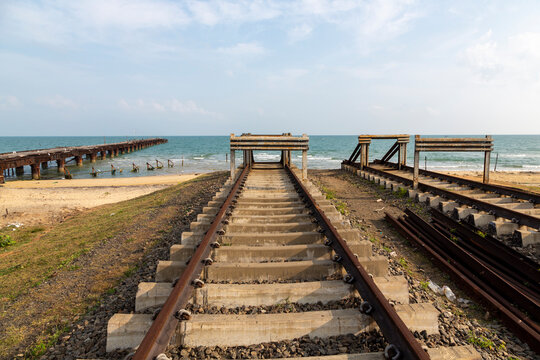Disused railway tracks ending at the sea near an old pier, Northern Province, Mannar, Sri Lanka
