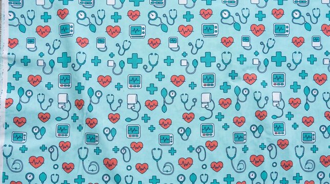 Medical icons seamless pattern on teal fabric