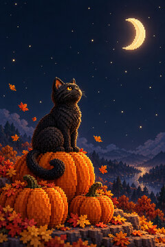 Voxel black cat on pumpkins under crescent moon