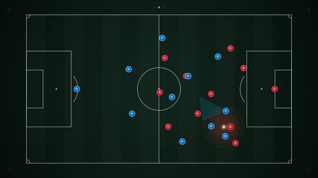 Tactical coaching board animation of 4-3-3 high-pressing trap showing curved pressing run, touchline suffocation, ball interception, and rapid transition into the penalty box.