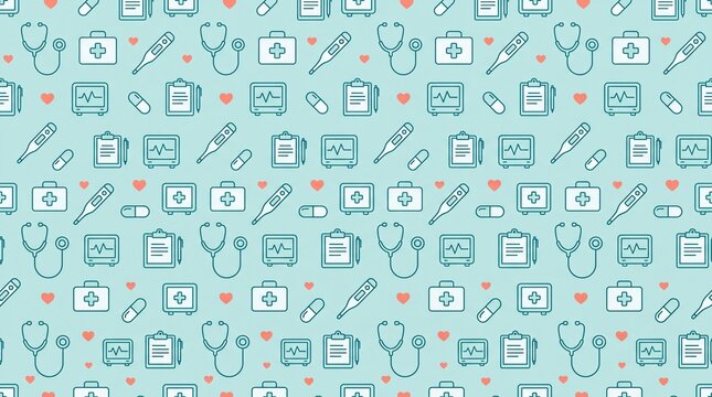 Seamless medical pattern with healthcare icons on teal background