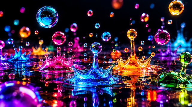 Colorful water droplets and splashes create a vibrant dynamic composition against a dark background waterdrops liquid macro fluid physics motion impact ripples