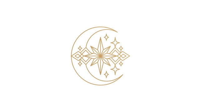 Minimalist geometric logo mark of a continuous line drawing of a crescent moon and starburst