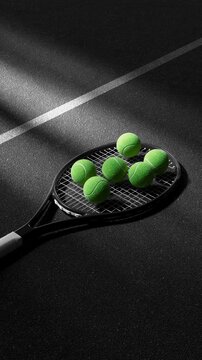 Loop Tennis racket with five green balls on dark textured court under diagonal spotlight, sports close-up with strings in view before play begins beyond timing cues non-technical