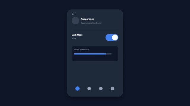 Minimalist digital user interface design animation showing a dark and light mode toggle switch transitioning between themes on a clean mobile application screen display