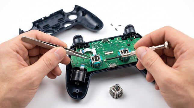 electronics repair specialist replacing a faulty analog joystick 