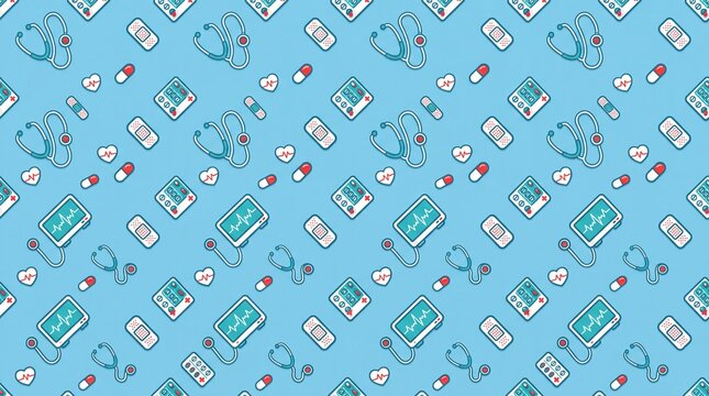 Seamless medical pattern with stethoscopes and pills on blue background