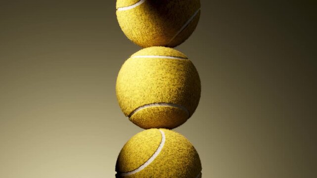 Loop Closeup vertical stack of four yellow tennis balls colliding in gentle descent with textured felt and white seams, studio gradient lighting, dynamic motion study