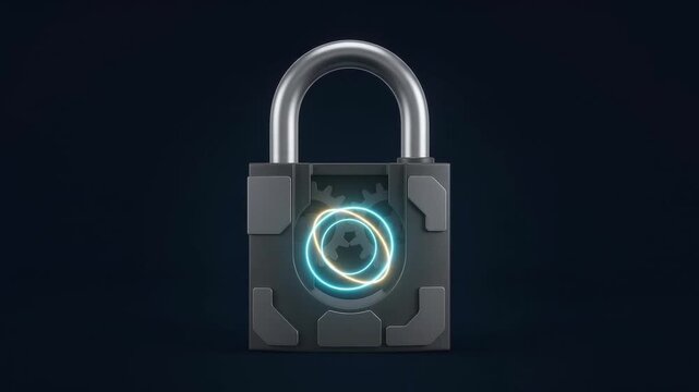 A heavy metallic padlock with a glowing central energy core floating in dark space, symbolizing secure digital escrow transactions, Fintech payment security, encrypted vaults, and financial trust.
