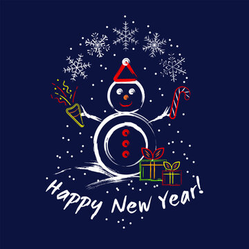 Holiday winter composition with happy Snowman character, text, flying snowflakes, gifts. Outline icons in grunge graffiti like style. Bright high contrast illustration for Christmas, New Year.