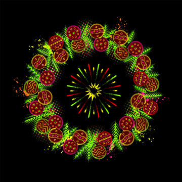 Circular composition like traditional wreath made with baubles, paint splatters, fir branch, halftone shapes. Firework explosion in center. Outline icons in grunge style. Fluorescent neon colors