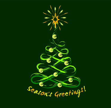 Holiday simple composition with outline lacy Christmas tree, shining star, brush strokes, text. Grunge graffiti like style. Vivid neon colors.