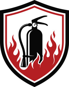 Fire extinguisher inside a protective shield surrounded by burning flames