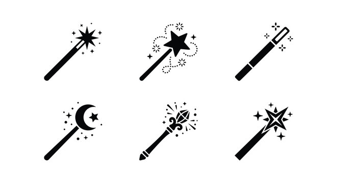 Six black vector magic wands with star and sparkle effects