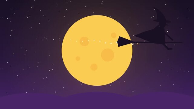 Witch silhouette flying on a broomstick across a full moon with sparkle trail, flat Halloween animation