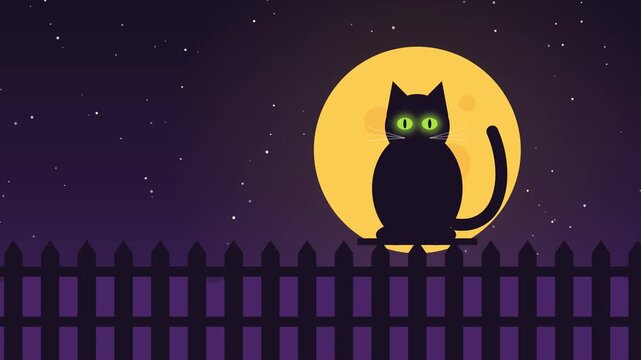 Black cat with glowing green eyes sitting on a fence in front of a full moon, flat Halloween loop