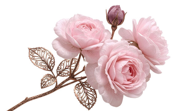 Elegant pink rose branch with intricate metallic copper and jewel leaves isolated on a transparent background