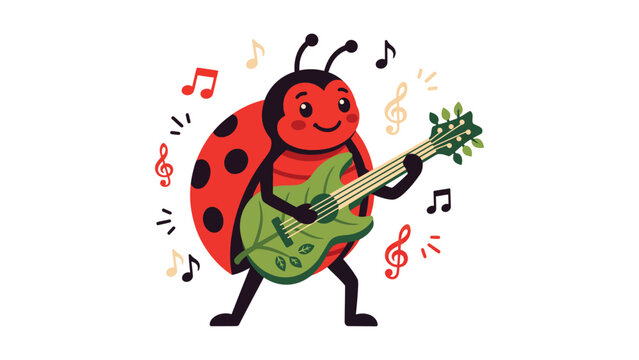 Cute ladybug playing electric guitar surrounded by musical notes with string instrument white background musician