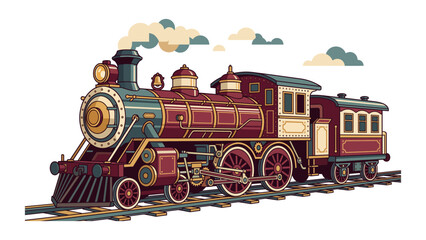 Classic vintage steam locomotive train riding on railroad tracks © Rabbi