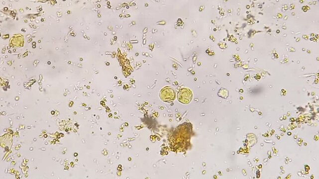 Microscopic footage of human feces or stool showing Eggs (Ova) of taenia species. Eggs (Ova) of taenia species and bacteria in stool. 