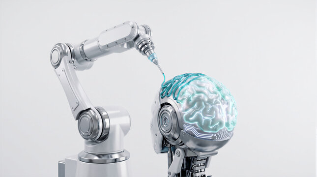 Robotic arm 3D printing a glowing blue artificial brain inside a metallic android head, representing machine learning and synthetic intelligence creation