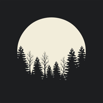 Black Silhouette of Pine Trees Against a Giant Full Moon Background   
