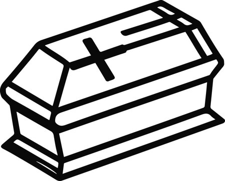 A single coffin with simple cross detail, bold black outline, minimalist geometric shape, white background, icon logo optimized.3