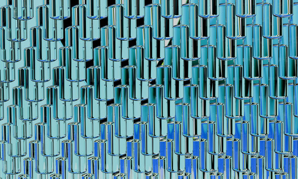 Dense grid of standing 3D glass tubes in turquoise and blue
