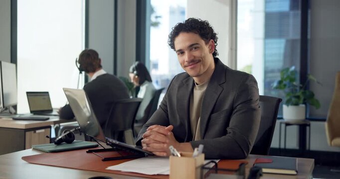 Face, businessman and telecom in office with laptop, human resources and pride for customer service. Coworking, consultant and happy person in call center with computer, HR support and about us.
