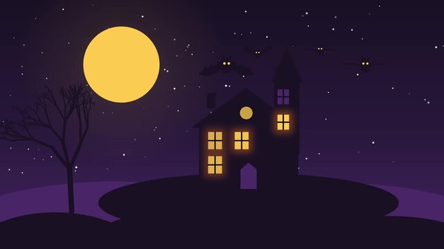 Haunted house on a hill with flickering windows and bats circling the tower, flat Halloween night loop