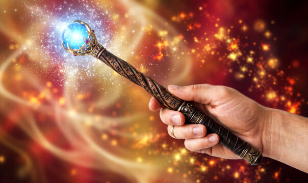 Sparkling wizard magic wand with bright glowing lights on warm background
